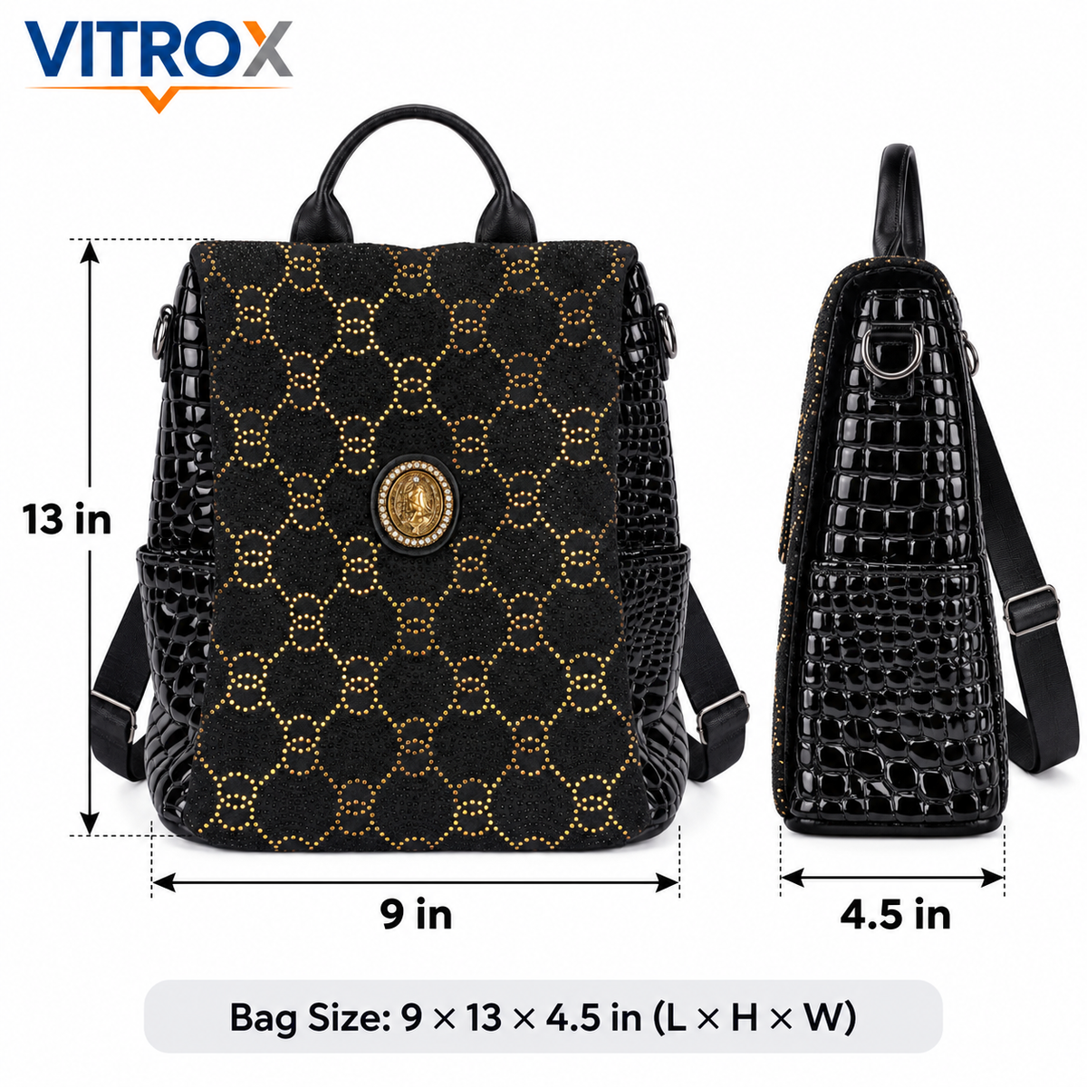 Women’s Black Studded Convertible Backpack Bag