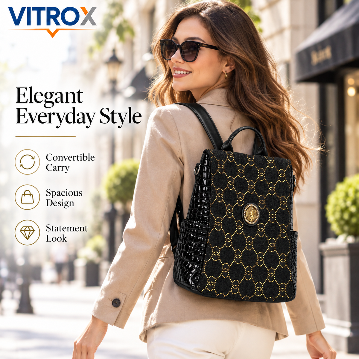 Women’s Black Studded Convertible Backpack Bag