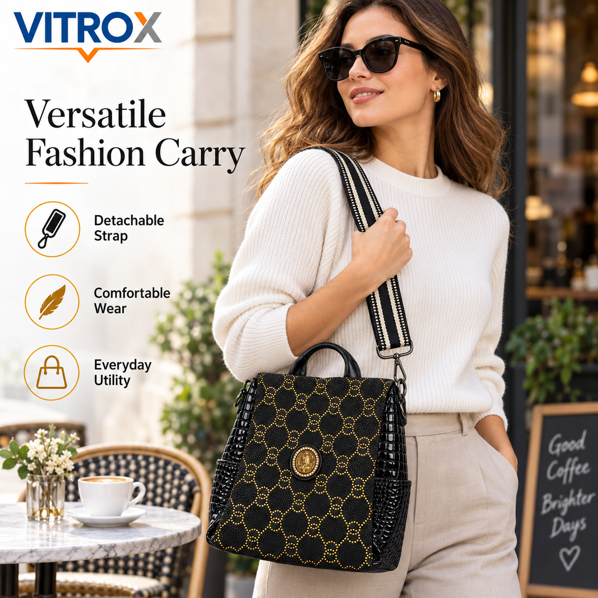 Women’s Black Studded Convertible Backpack Bag