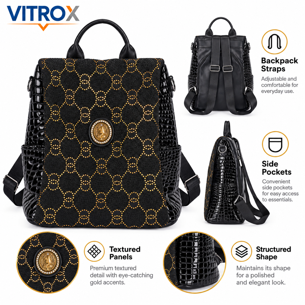 Women’s Black Studded Convertible Backpack Bag