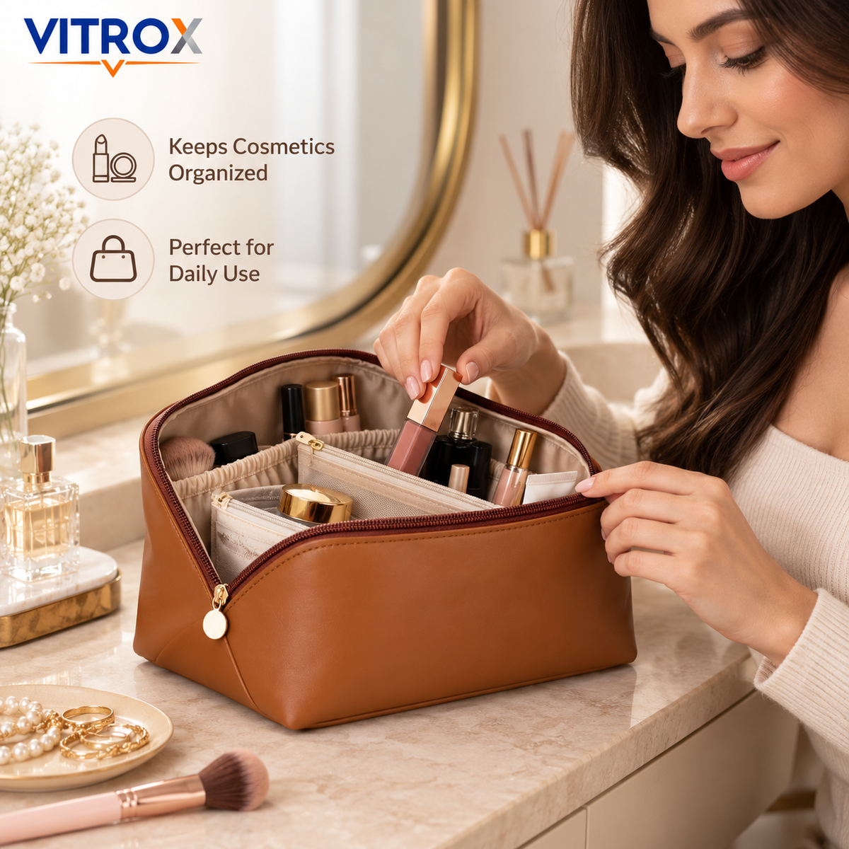 Brown Travel Makeup Organizer Bag