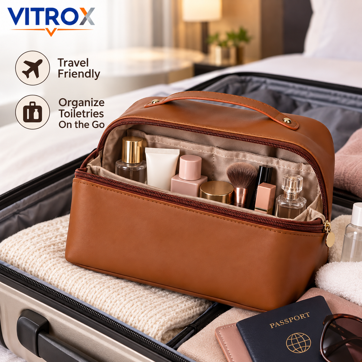 Brown Travel Makeup Organizer Bag