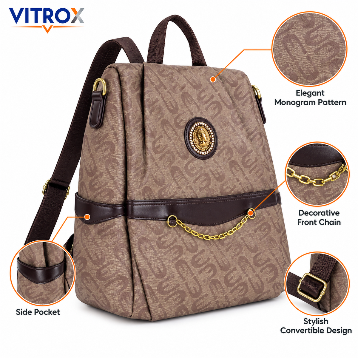 Taupe Monogram Convertible Backpack Bag with Detachable Strap