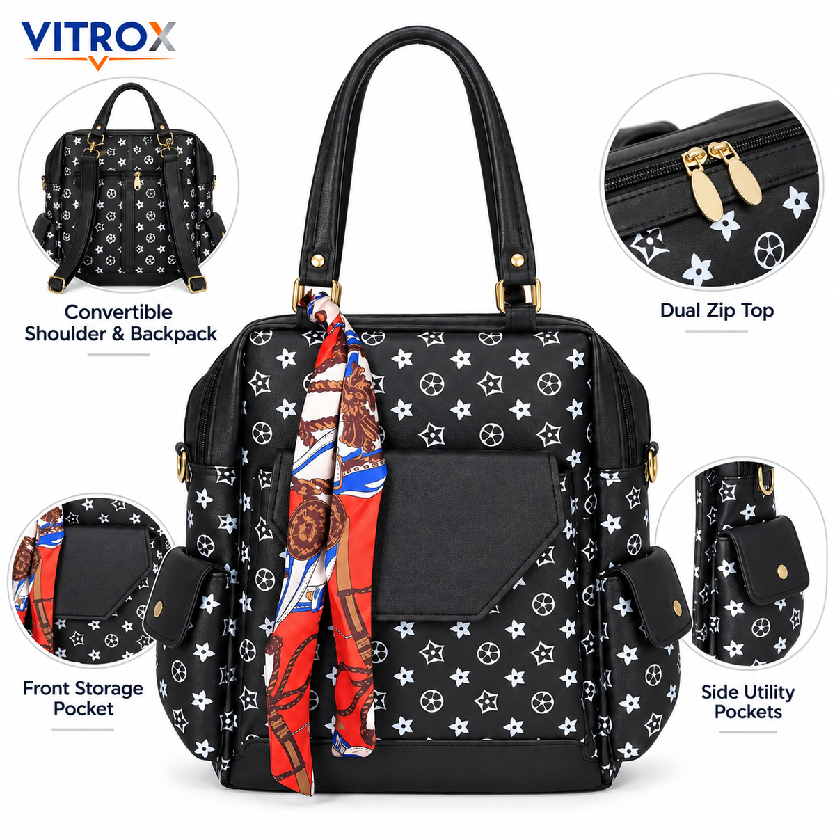 2-Way Convertible Printed Backpack Shoulder Bag with Scarf Accent
