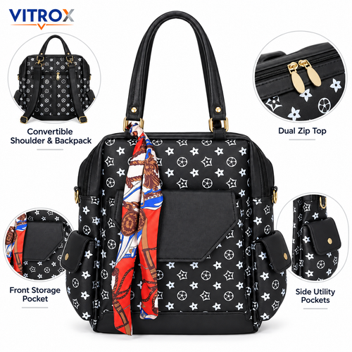 2-Way Convertible Printed Backpack Shoulder Bag with Scarf Accent