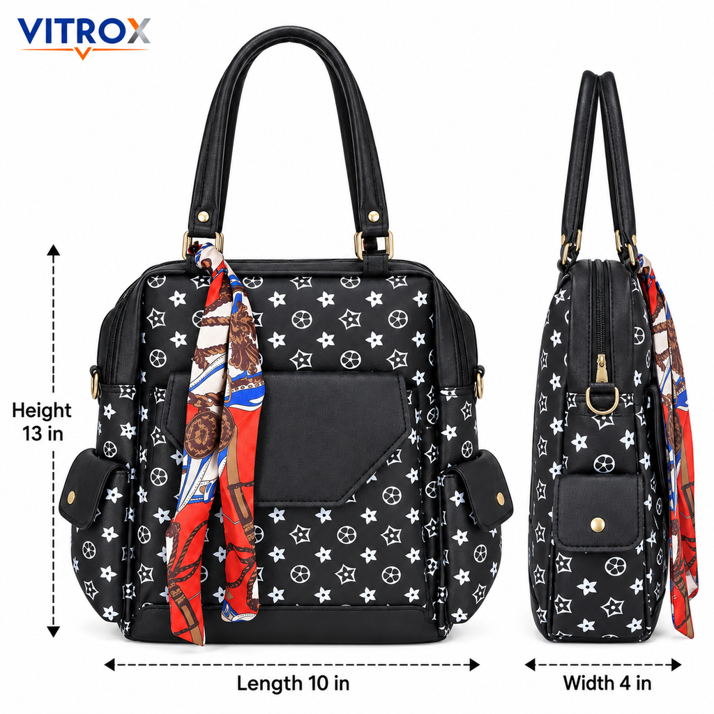 2-Way Convertible Printed Backpack Shoulder Bag with Scarf Accent