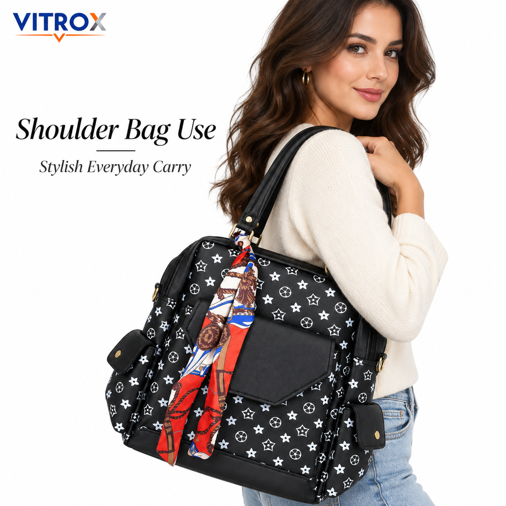 2-Way Convertible Printed Backpack Shoulder Bag with Scarf Accent
