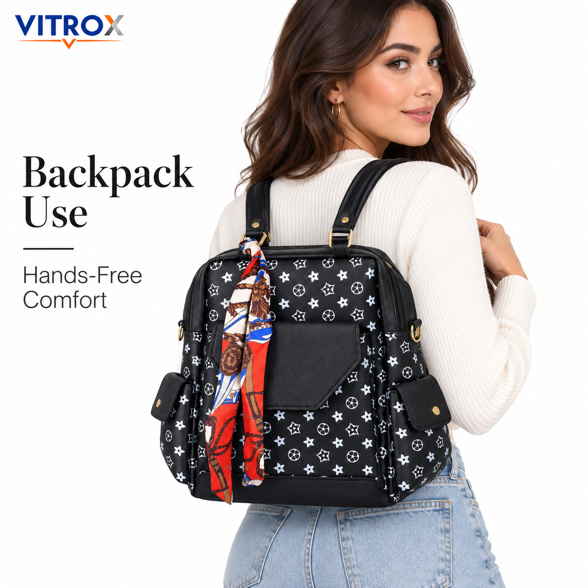 2-Way Convertible Printed Backpack Shoulder Bag with Scarf Accent