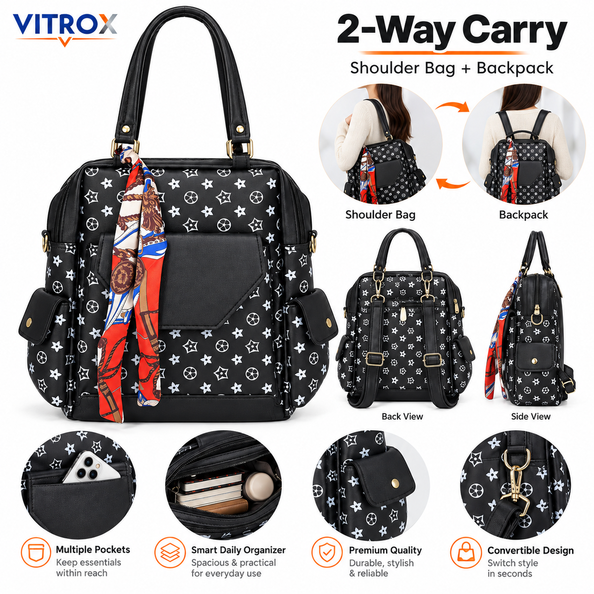 2-Way Convertible Printed Backpack Shoulder Bag with Scarf Accent