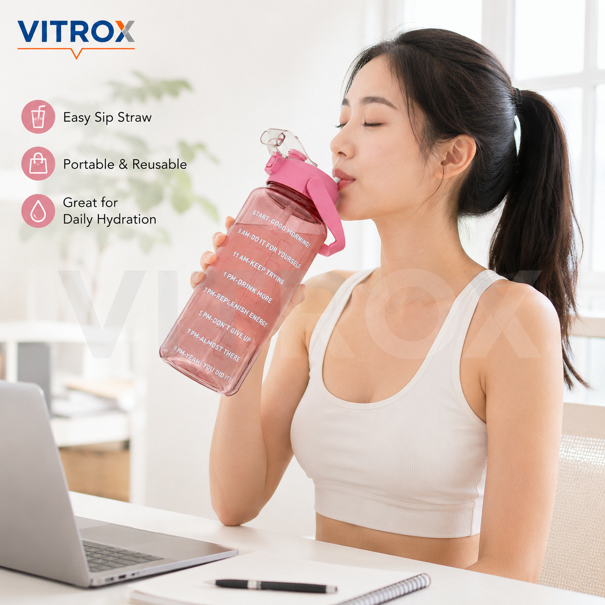 2L Motivational Sipper Water Bottle with Straw