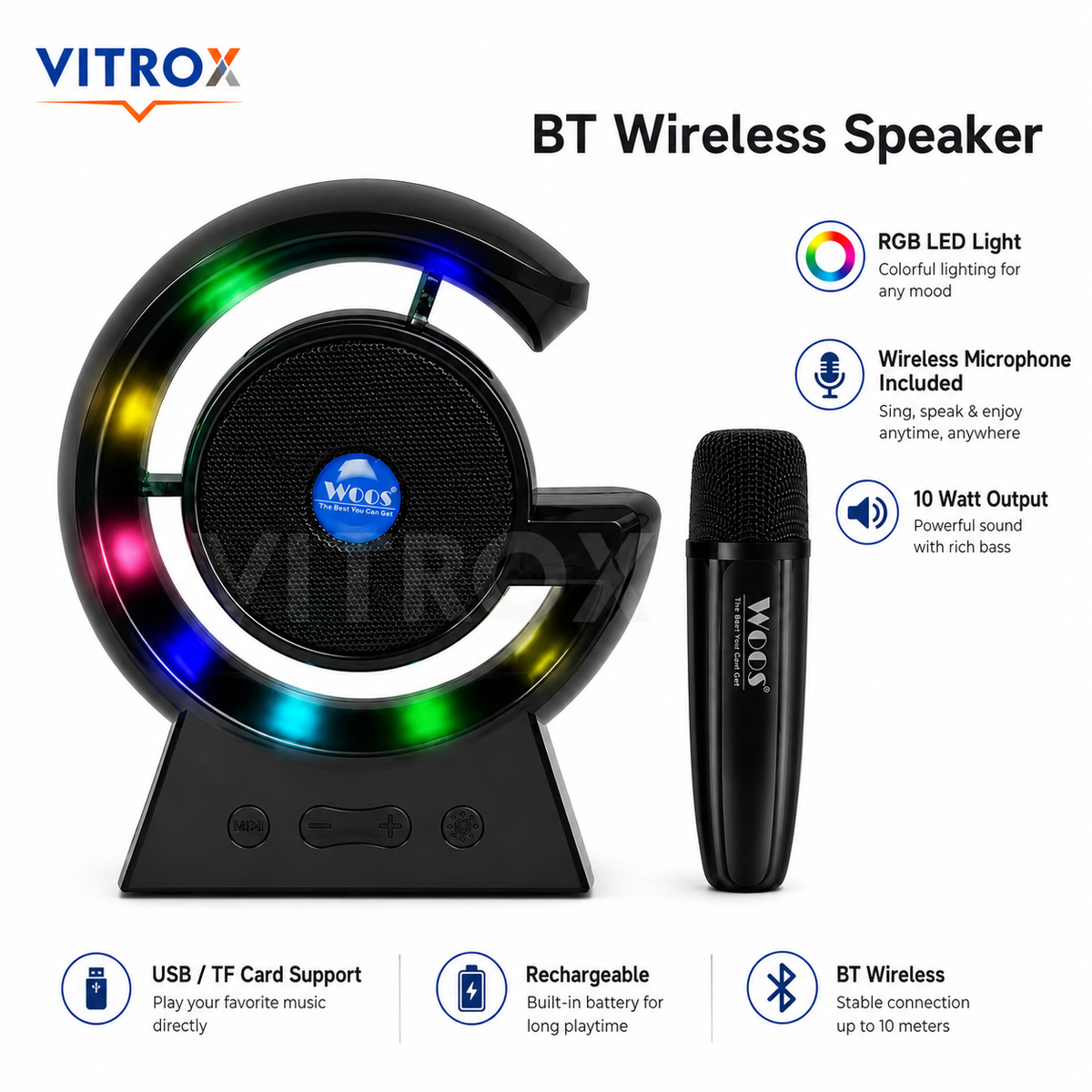 Portable BT Wireless Karaoke Speaker with RGB LED Lights