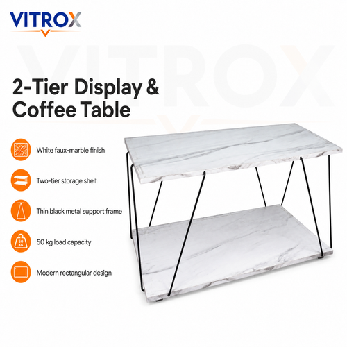 2-Tier Faux Marble Display & Coffee Table with Metal Wire Frame