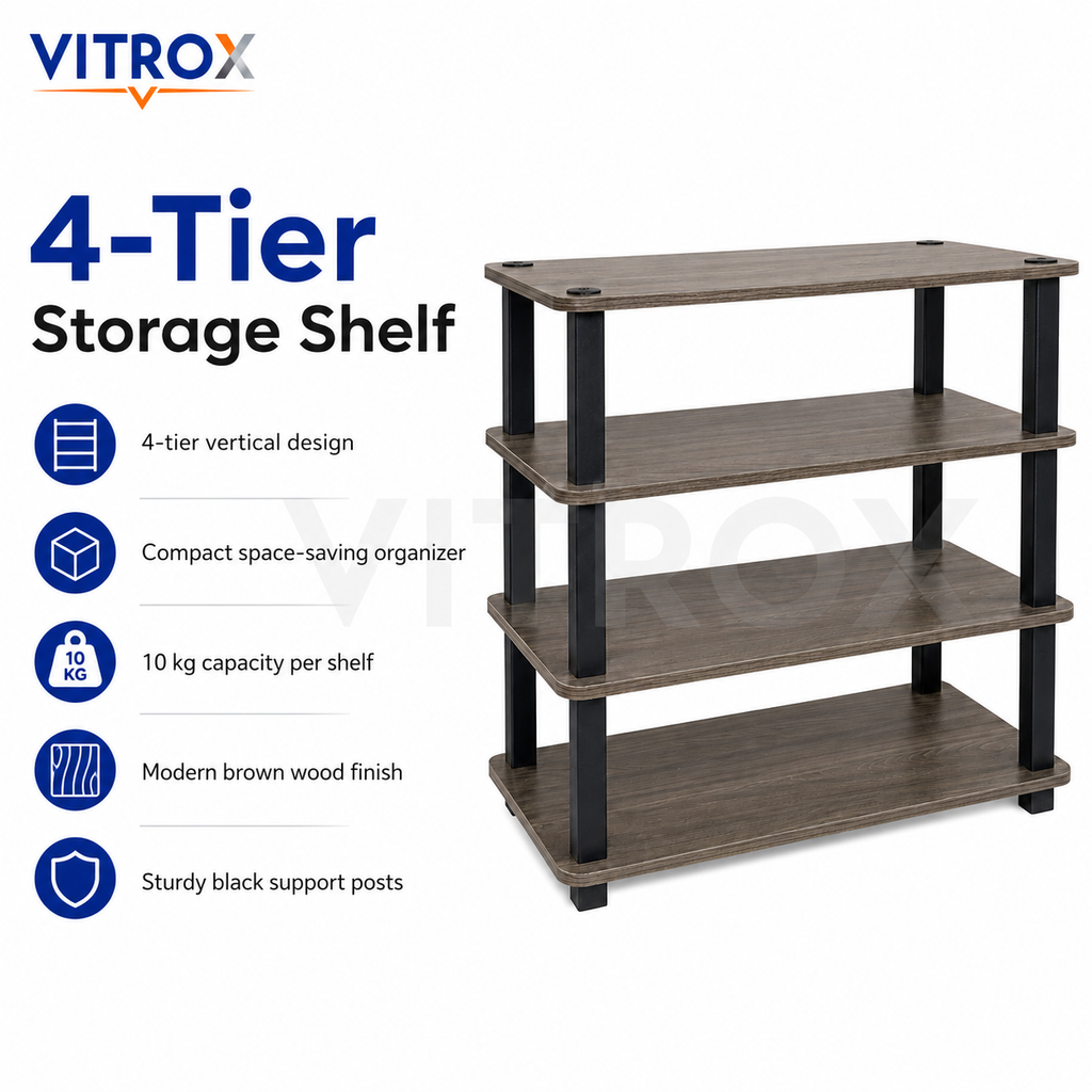 4-Tier Storage Shelf Organizer with Brown Wood Finish