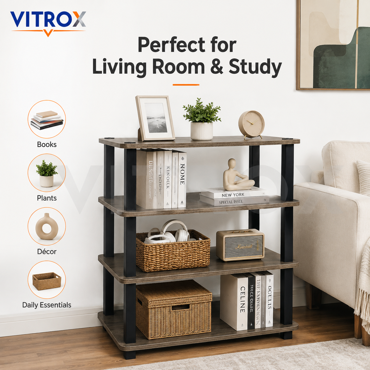 4-Tier Storage Shelf Organizer with Brown Wood Finish