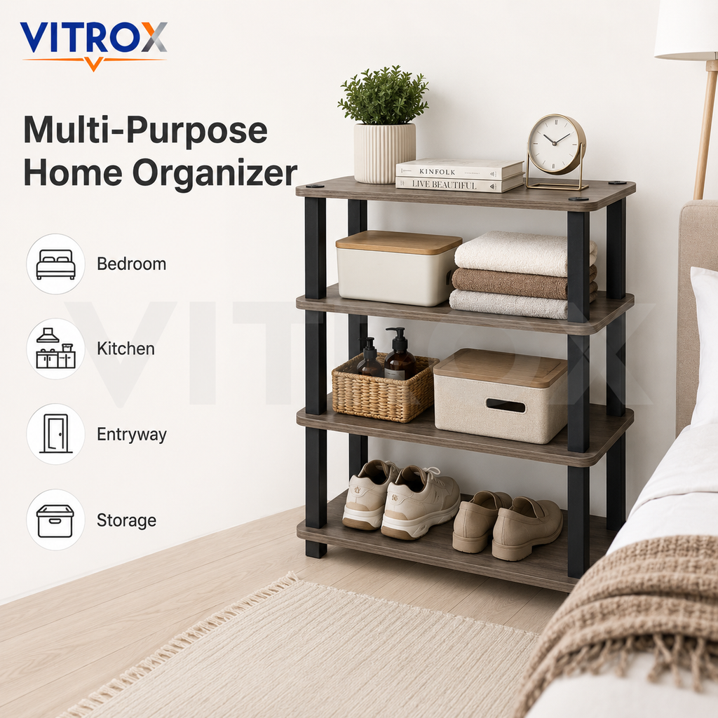 4-Tier Storage Shelf Organizer with Brown Wood Finish