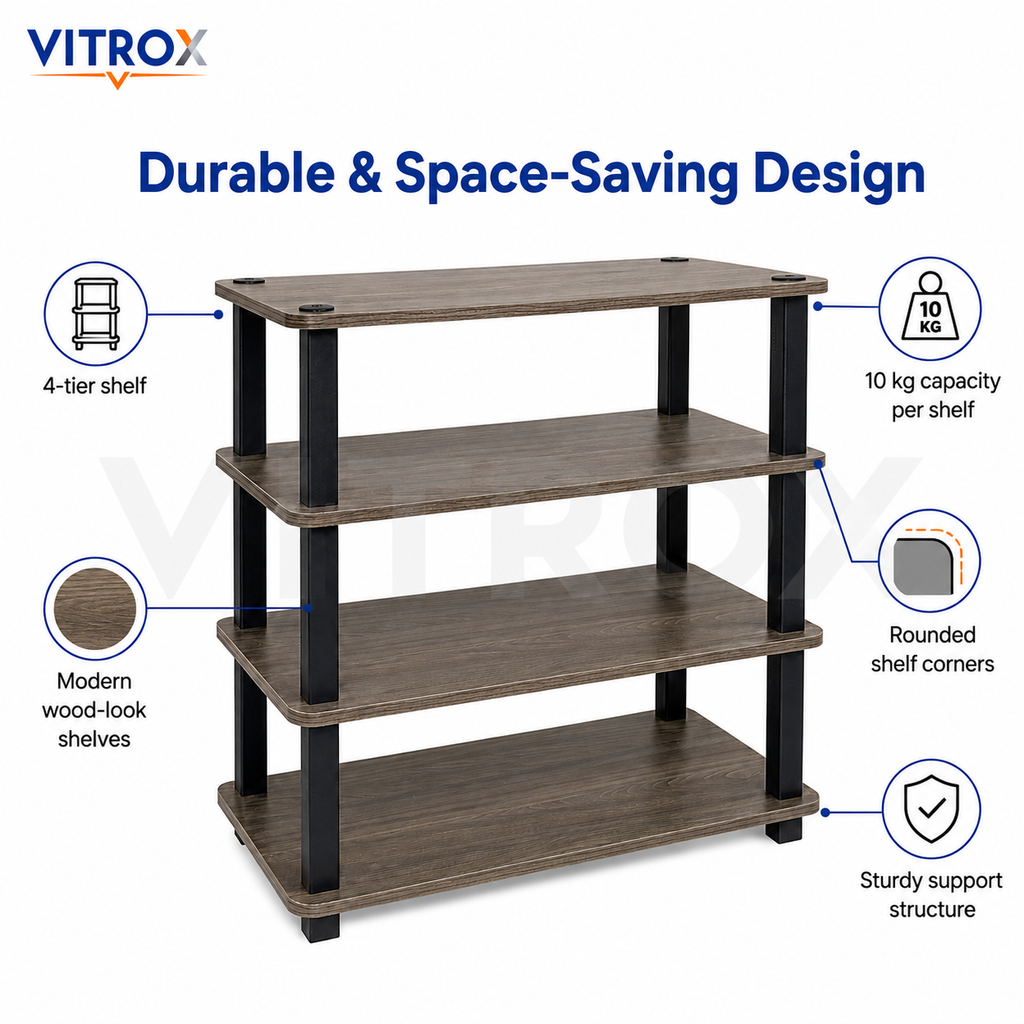 4-Tier Storage Shelf Organizer with Brown Wood Finish