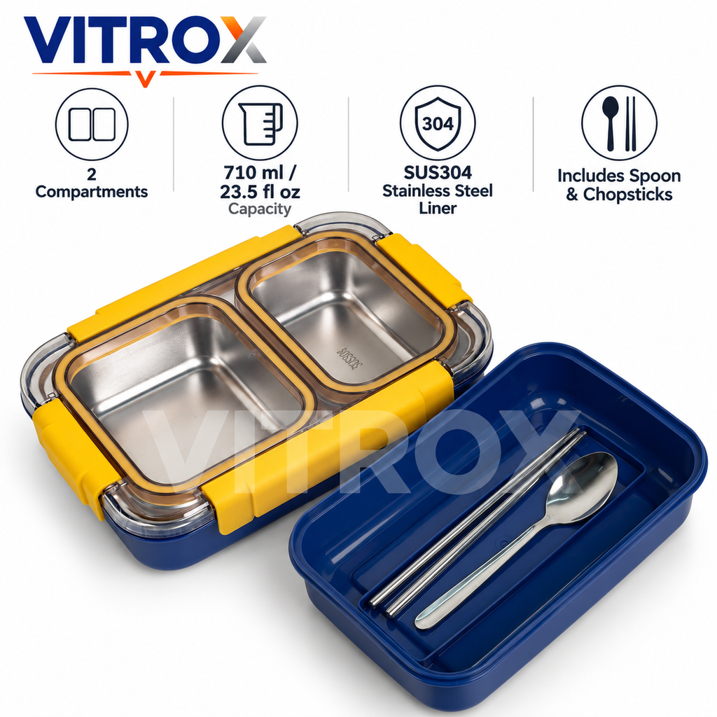 Stainless Steel 2-Compartment Lunch Box with Spoon & Chopsticks – 710 ml