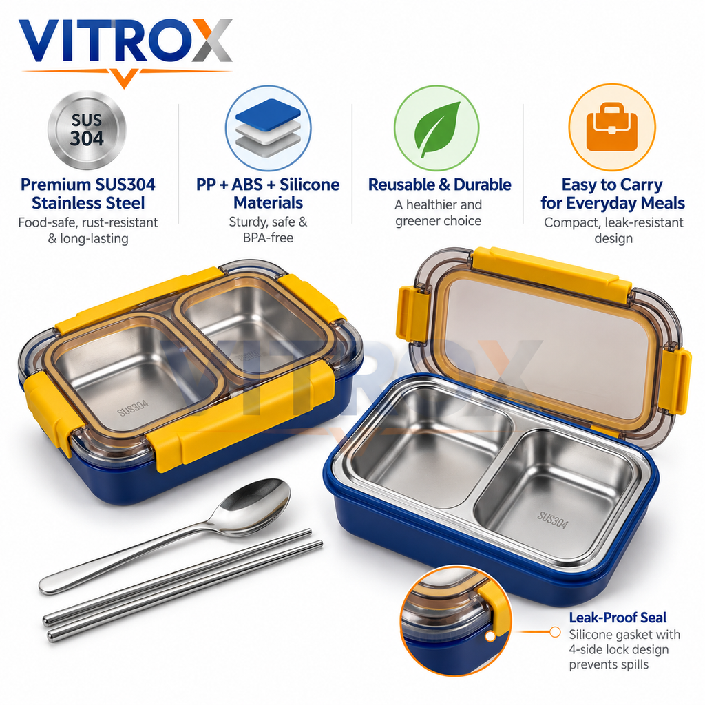 Stainless Steel 2-Compartment Lunch Box with Spoon & Chopsticks – 710 ml