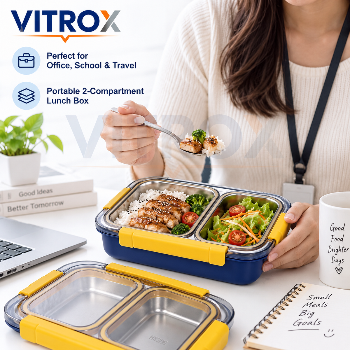 Stainless Steel 2-Compartment Lunch Box with Spoon & Chopsticks – 710 ml