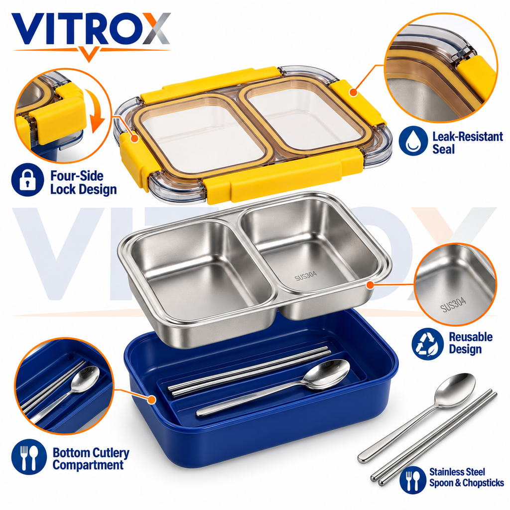 Stainless Steel 2-Compartment Lunch Box with Spoon & Chopsticks – 710 ml