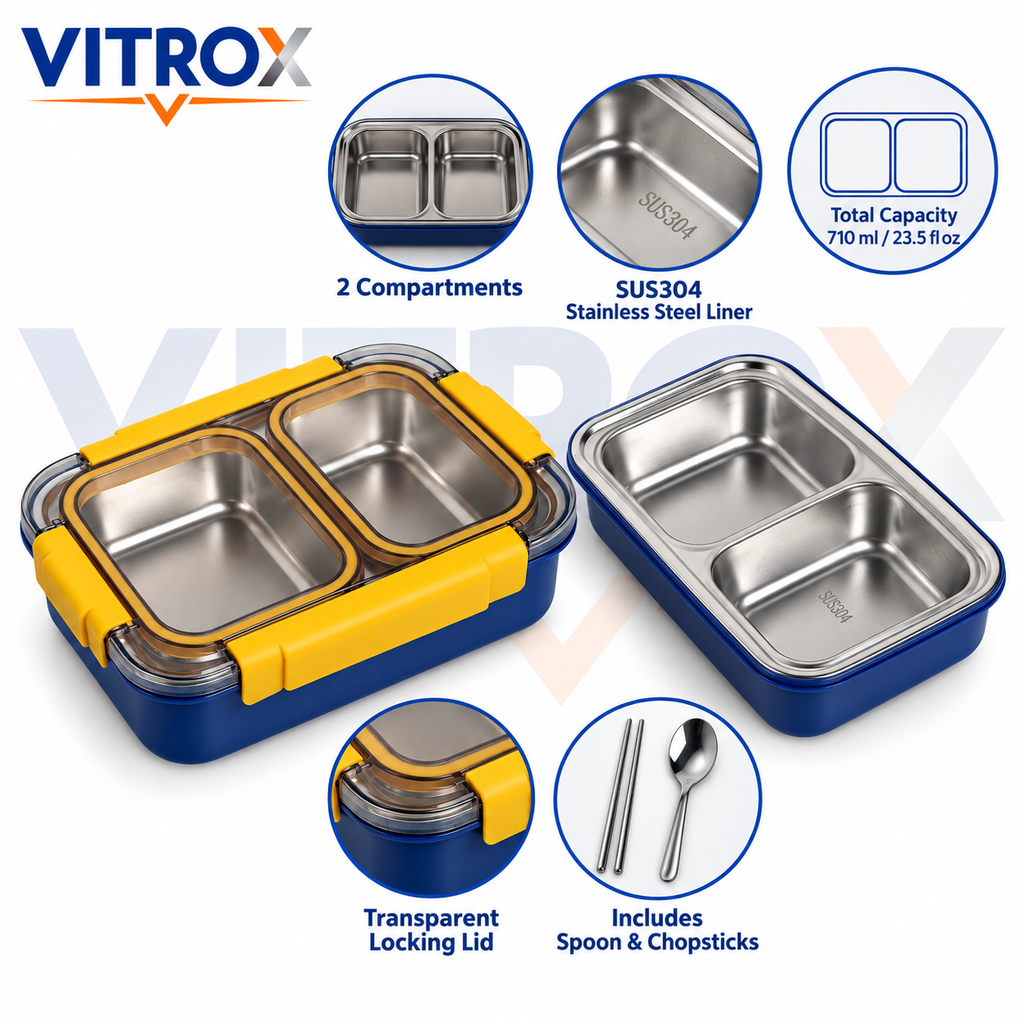 Stainless Steel 2-Compartment Lunch Box with Spoon & Chopsticks – 710 ml