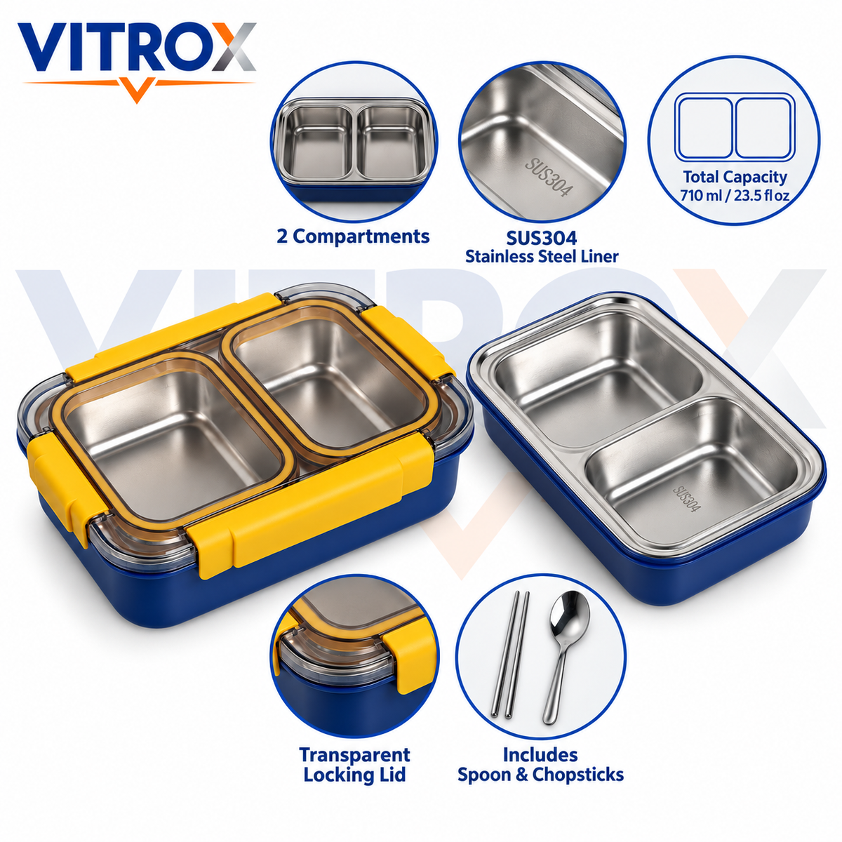Stainless Steel 2-Compartment Lunch Box with Spoon & Chopsticks – 710 ml