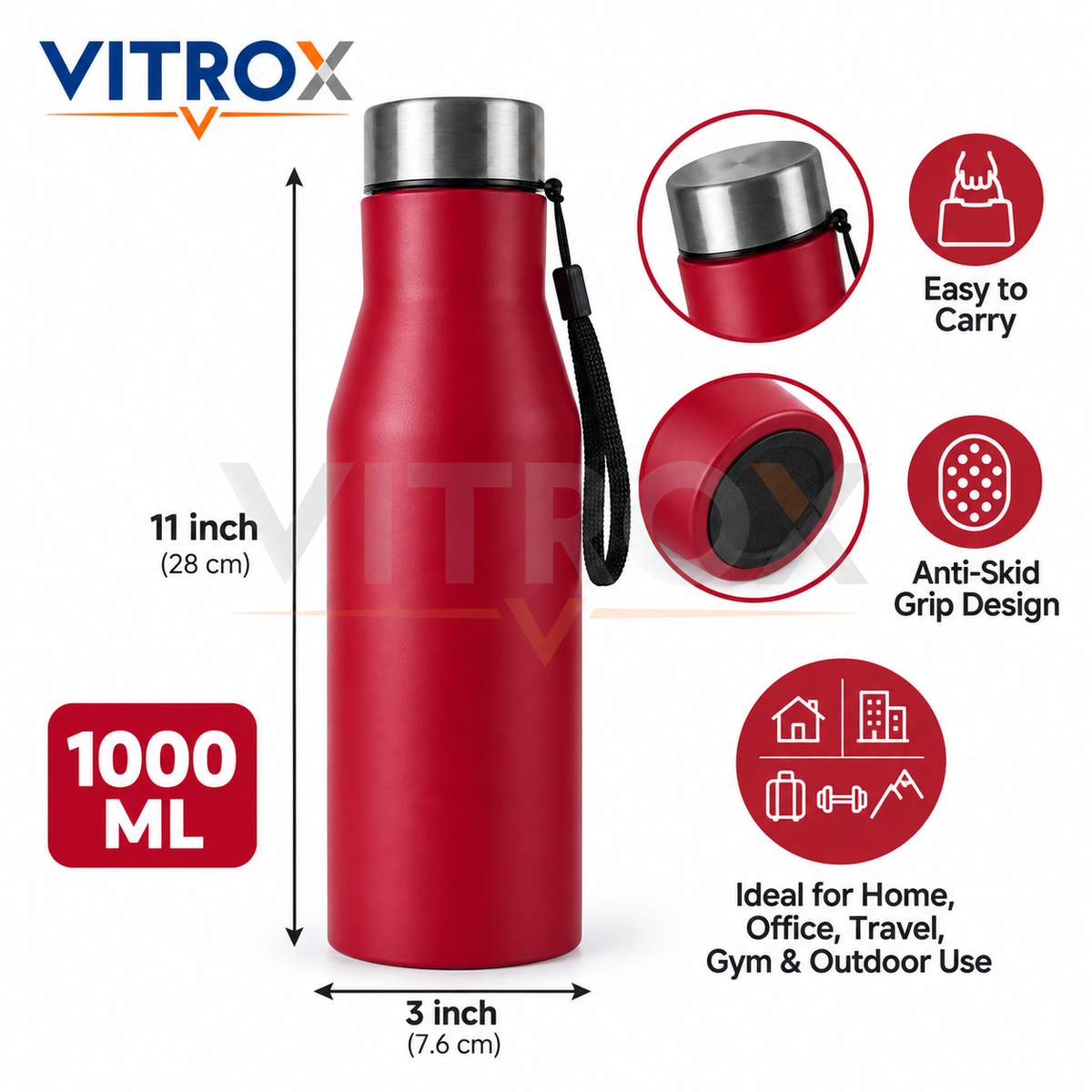 1000ml Stainless Steel Water Bottle with Wrist Strap