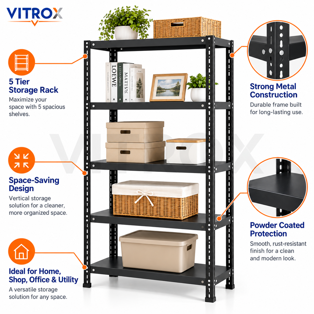 VITROX Slotted Angle Storage Rack 5 Tier – 72 x 36 x 12 Inch
