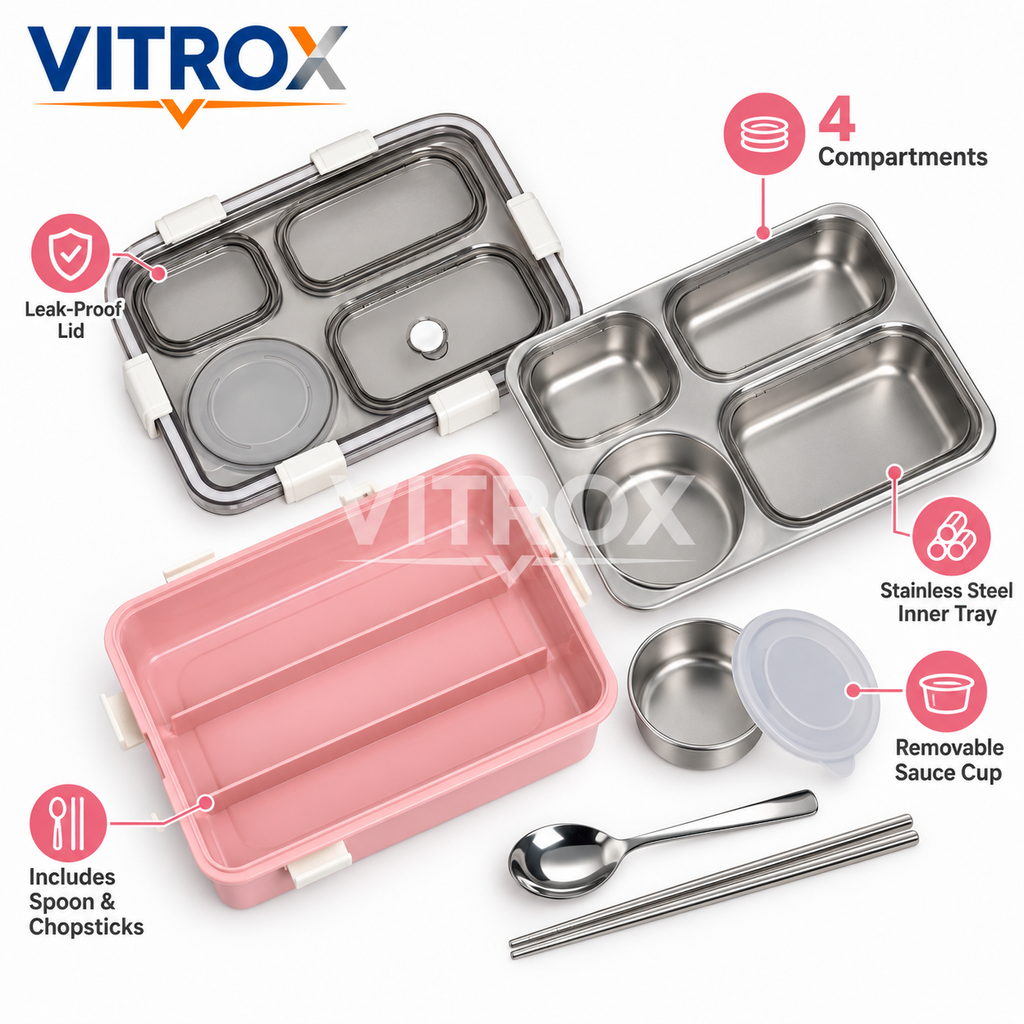 Stainless Steel Lunch Box with Sauce Cup, Spoon & Chopsticks