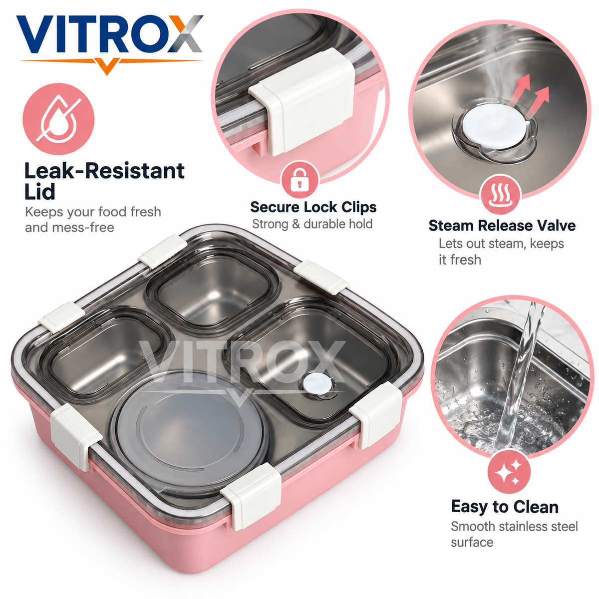 Stainless Steel Lunch Box with Sauce Cup, Spoon & Chopsticks