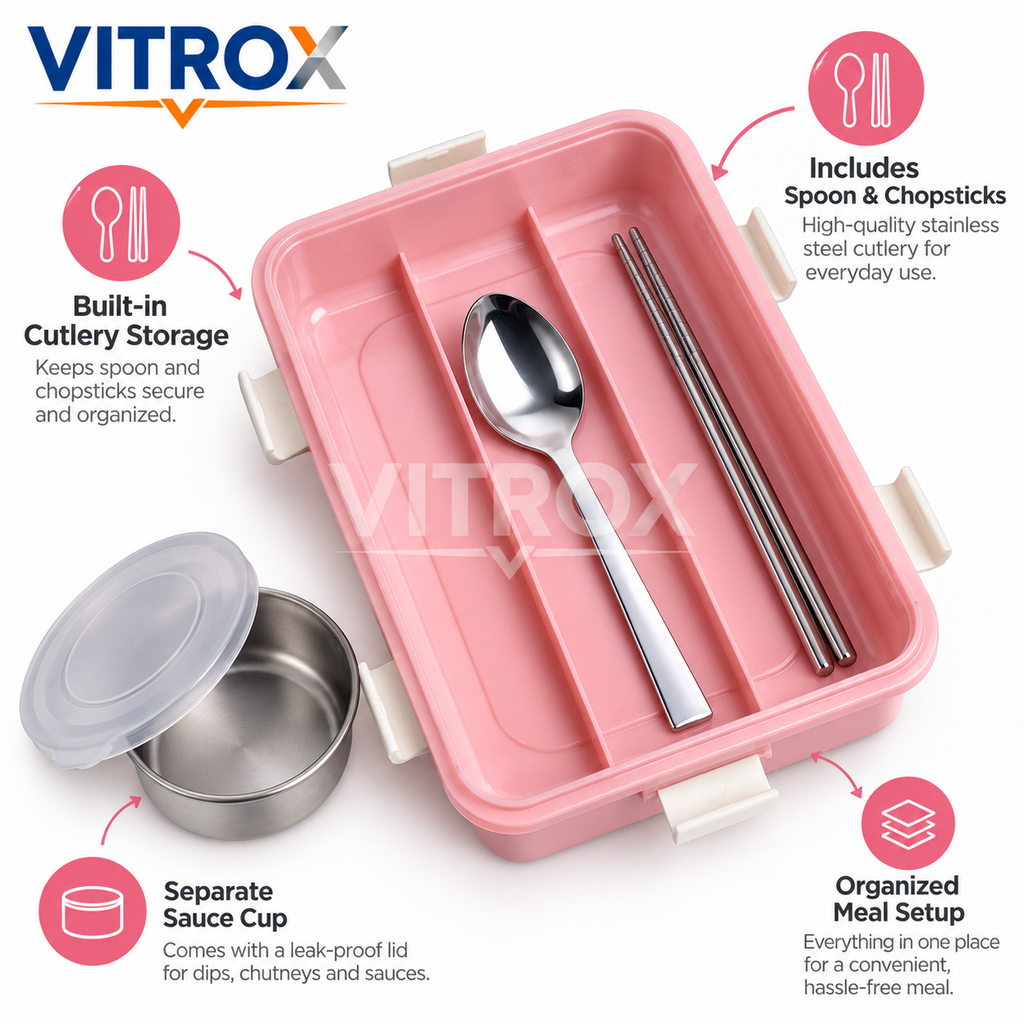 Stainless Steel Lunch Box with Sauce Cup, Spoon & Chopsticks