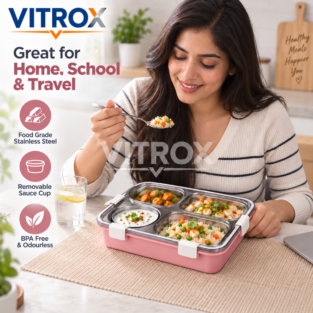 Stainless Steel Lunch Box with Sauce Cup, Spoon & Chopsticks