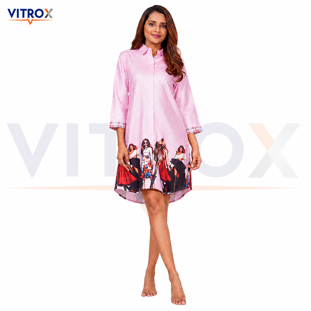 Women’s European Satin Printed Shirt-Style Nightdress