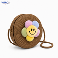 Cute Round Woven Crossbody Bag with Smiley Flower Charm