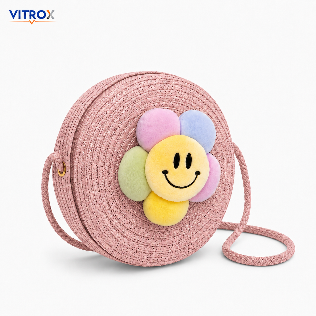 Women’s Cute Smiley Flower Round Woven Crossbody Bag