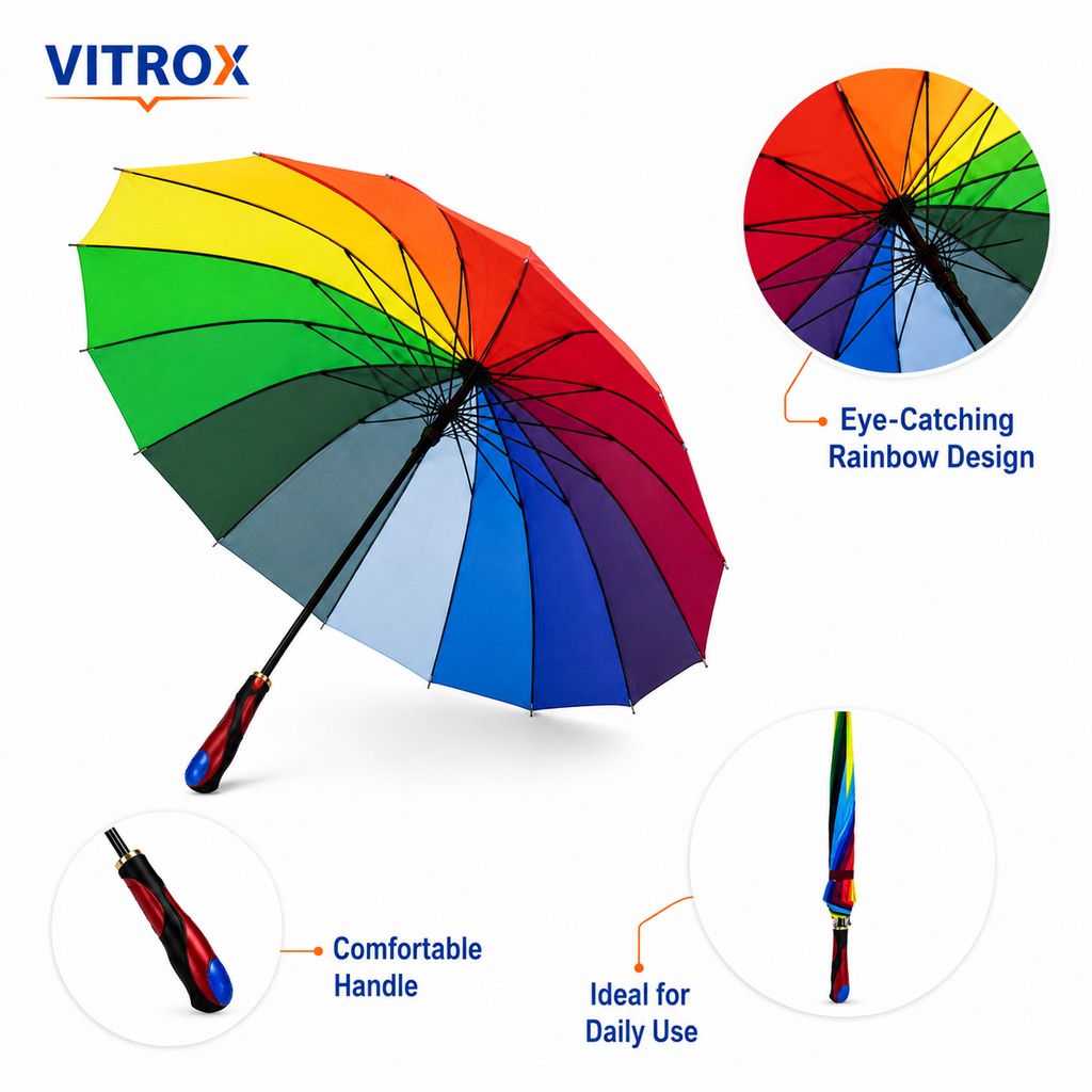 Colourful Rainbow Long Umbrella – Full Size Rain Umbrella