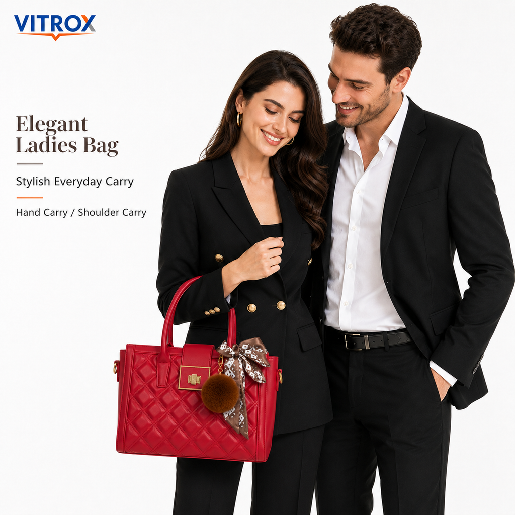 Vitrox Elegant Red Quilted Ladies Handbag with Detachable Shoulder Strap, Scarf & Pom-Pom Charm