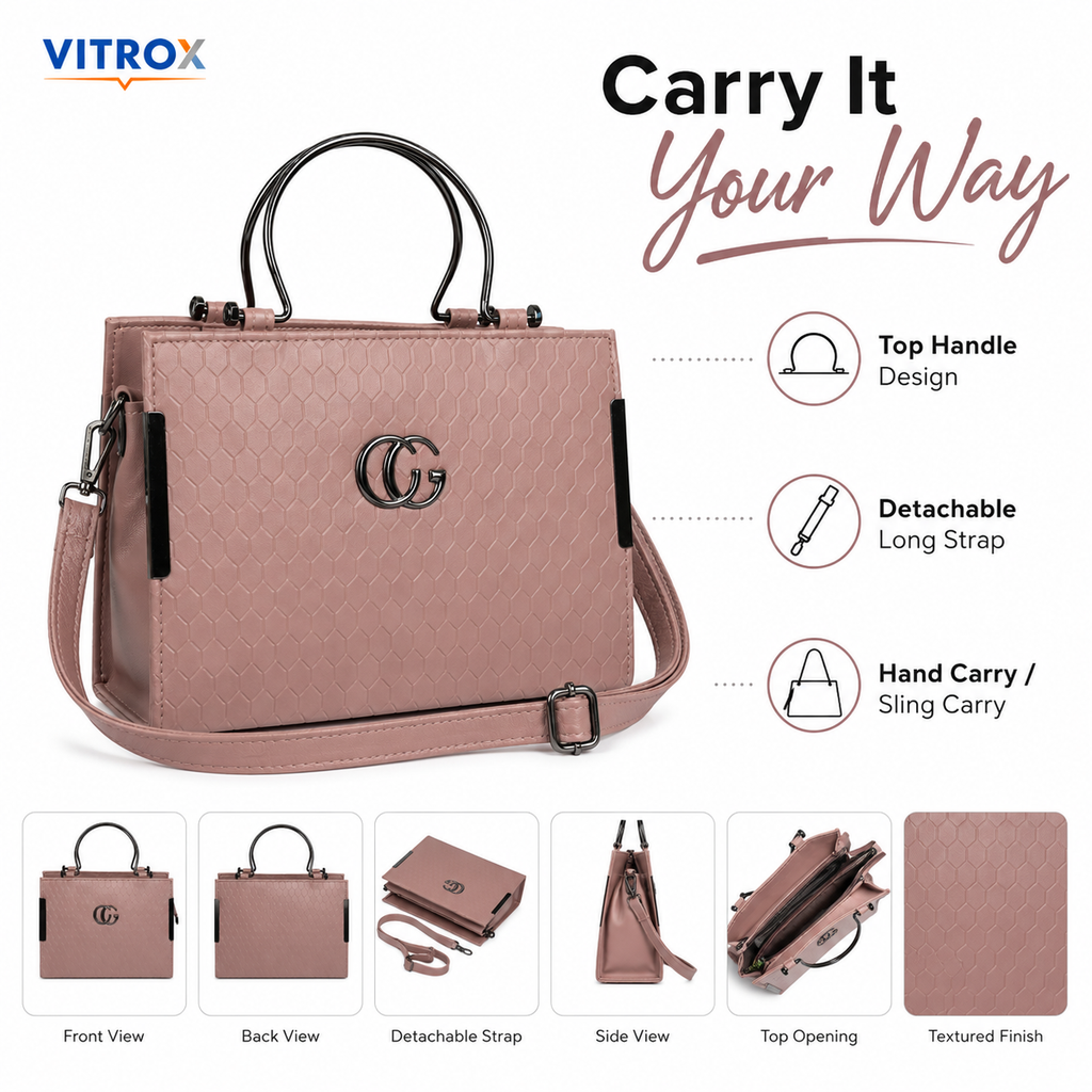 Vitrox Dusty Rose Ladies Handbag – Structured Top Handle Bag with Detachable Long Strap