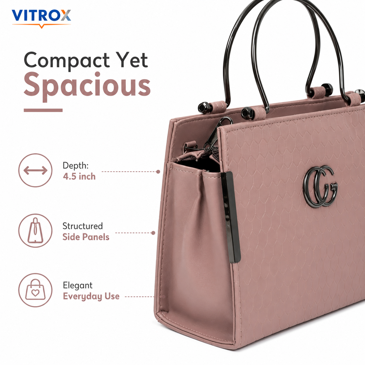 Vitrox Dusty Rose Ladies Handbag – Structured Top Handle Bag with Detachable Long Strap