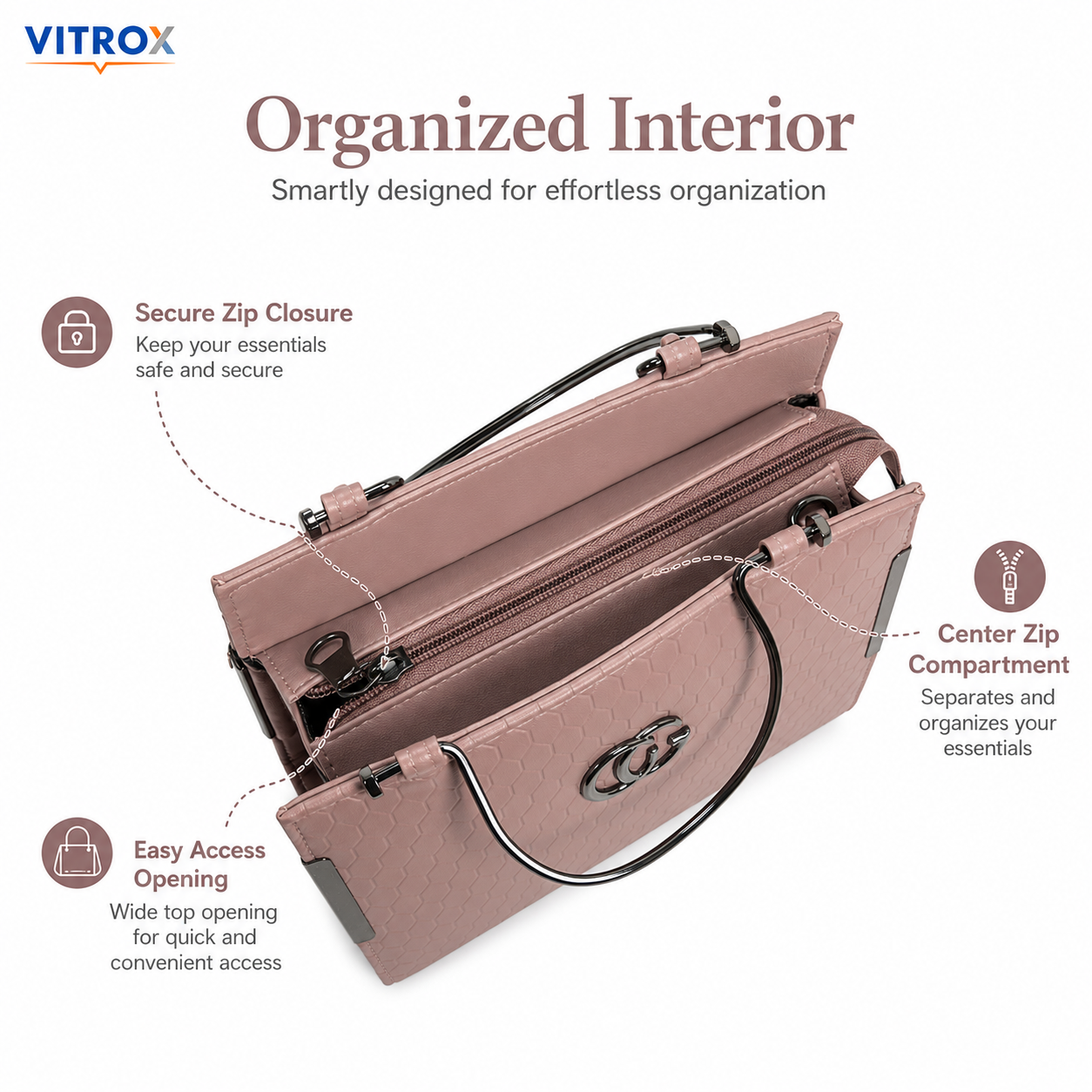 Vitrox Dusty Rose Ladies Handbag – Structured Top Handle Bag with Detachable Long Strap