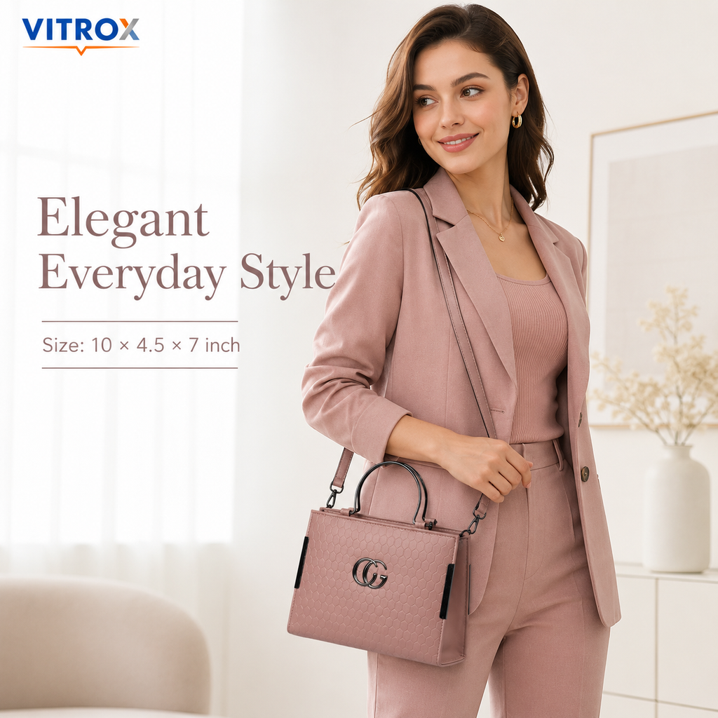 Vitrox Dusty Rose Ladies Handbag – Structured Top Handle Bag with Detachable Long Strap