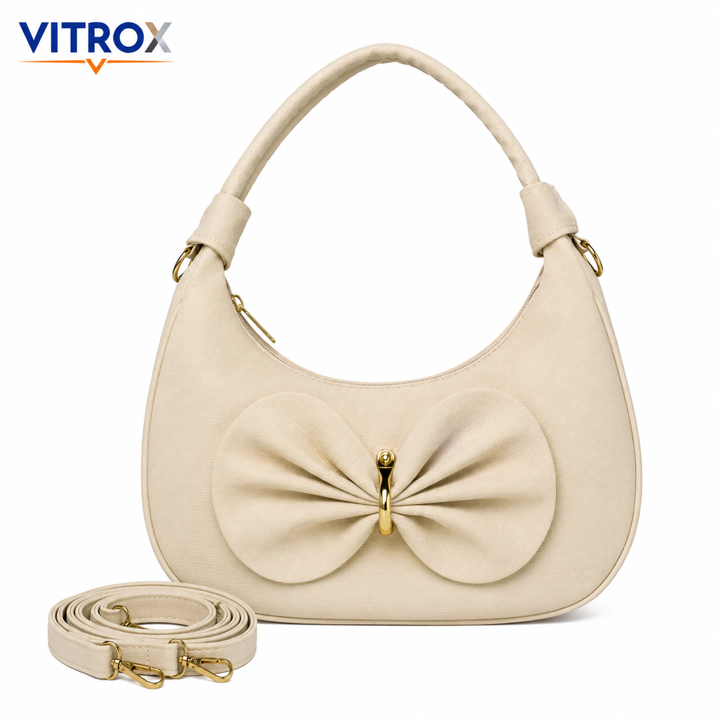 Vitrox Cream Bow Design Ladies Shoulder Bag – Stylish Function & Party Handbag