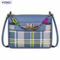 Vitrox Blue Plaid Ladies Sling Bag | Compact Shoulder Bag with Gold Bow & Chain Detail