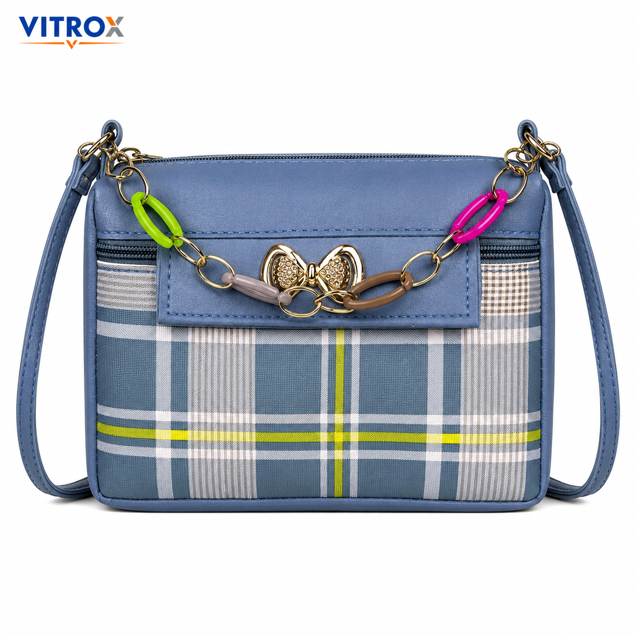 Vitrox Blue Plaid Ladies Sling Bag | Compact Shoulder Bag with Gold Bow & Chain Detail