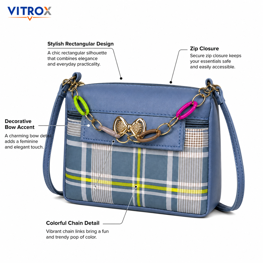 Vitrox Blue Plaid Ladies Sling Bag | Compact Shoulder Bag with Gold Bow & Chain Detail