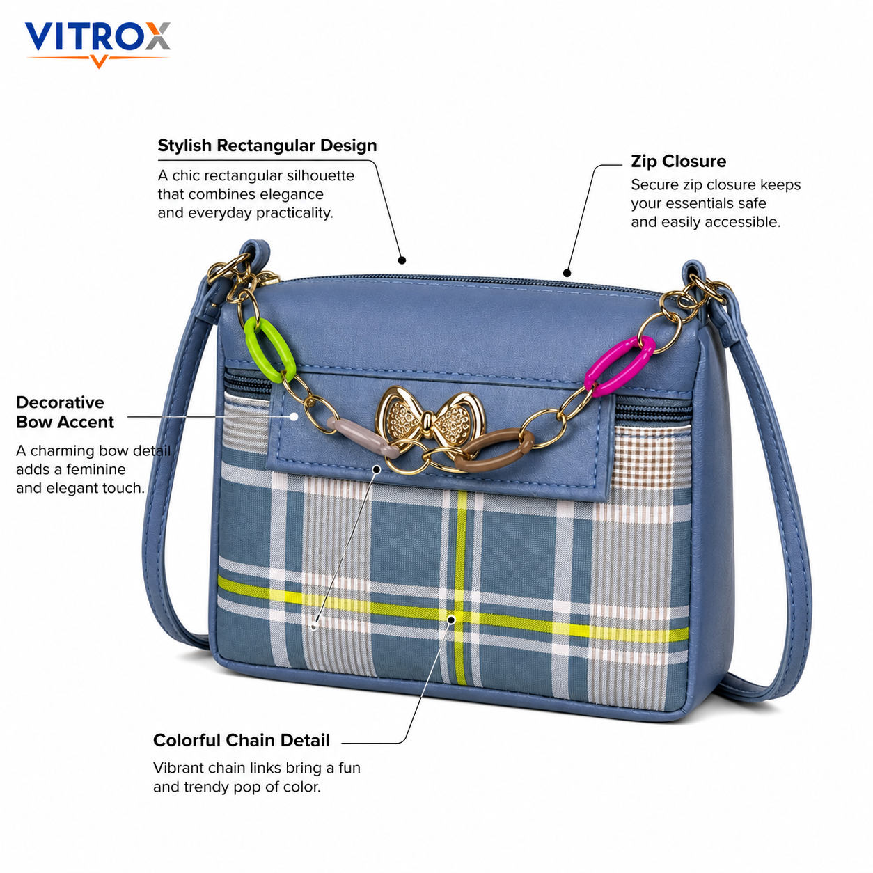 Vitrox Blue Plaid Ladies Sling Bag | Compact Shoulder Bag with Gold Bow & Chain Detail