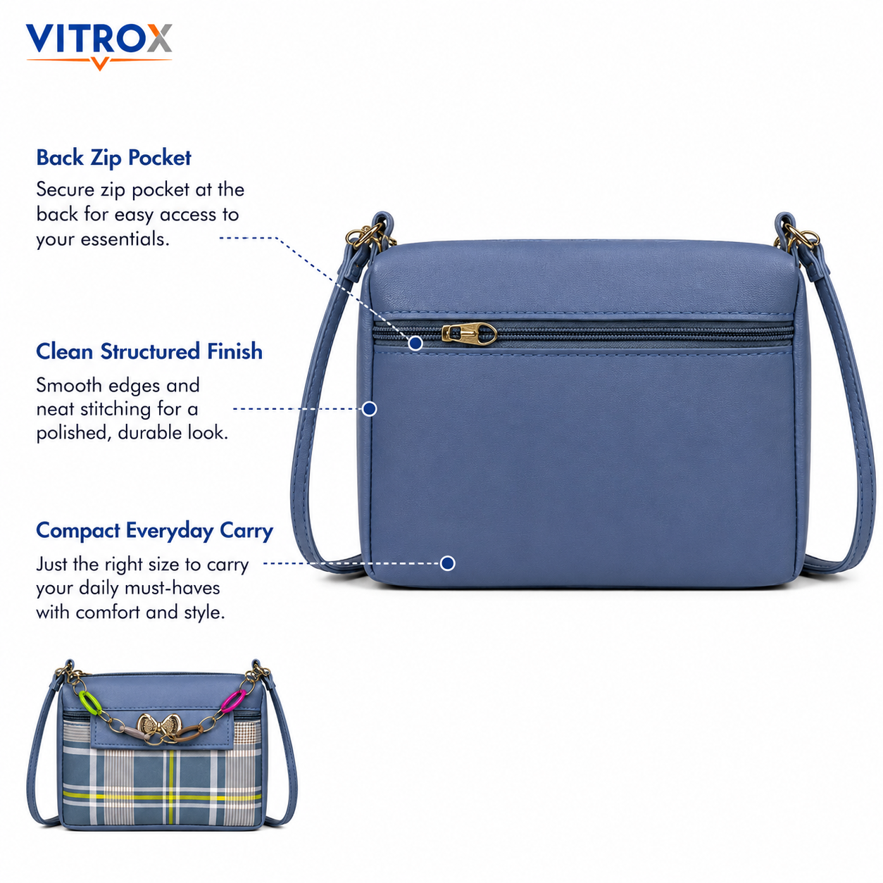 Vitrox Blue Plaid Ladies Sling Bag | Compact Shoulder Bag with Gold Bow & Chain Detail