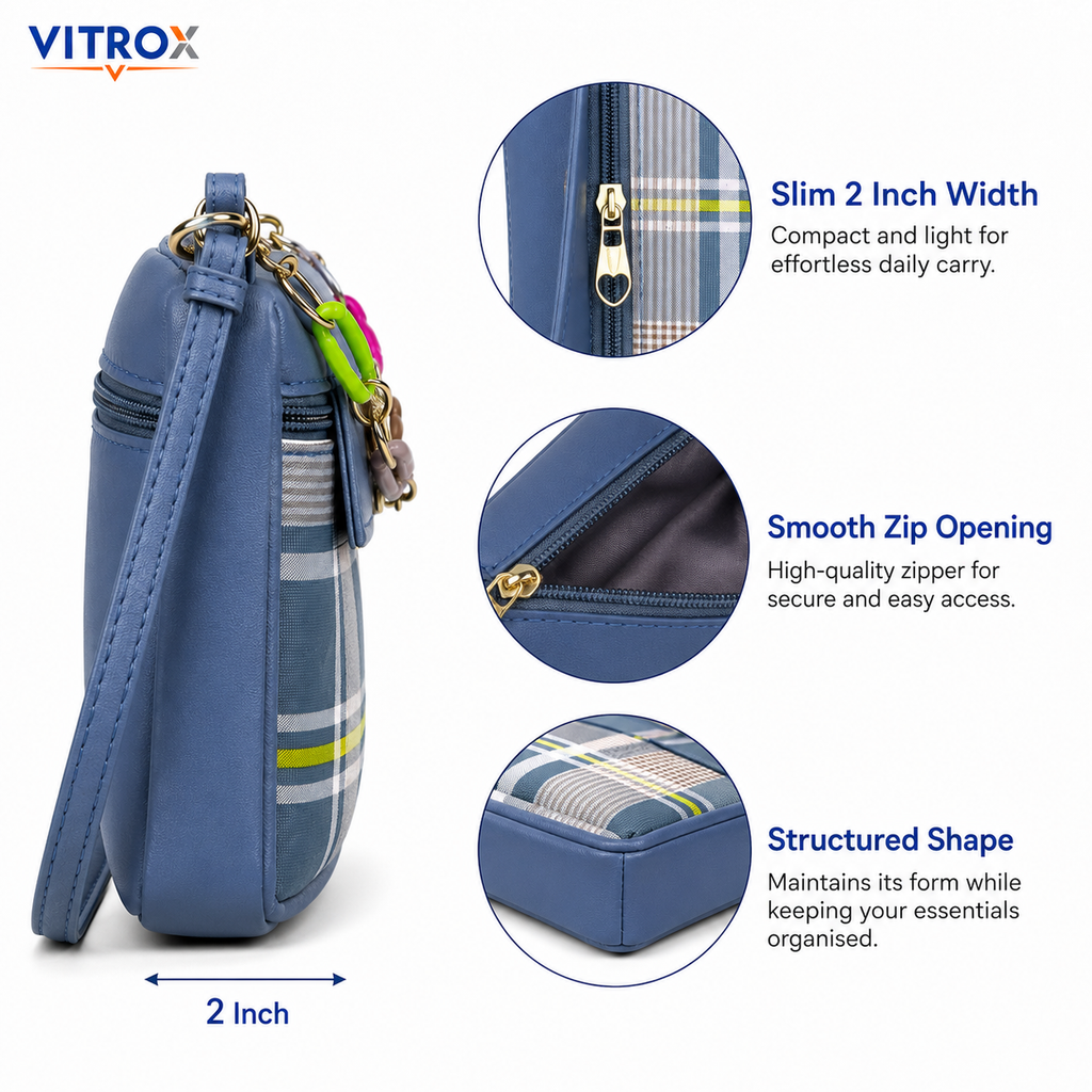 Vitrox Blue Plaid Ladies Sling Bag | Compact Shoulder Bag with Gold Bow & Chain Detail