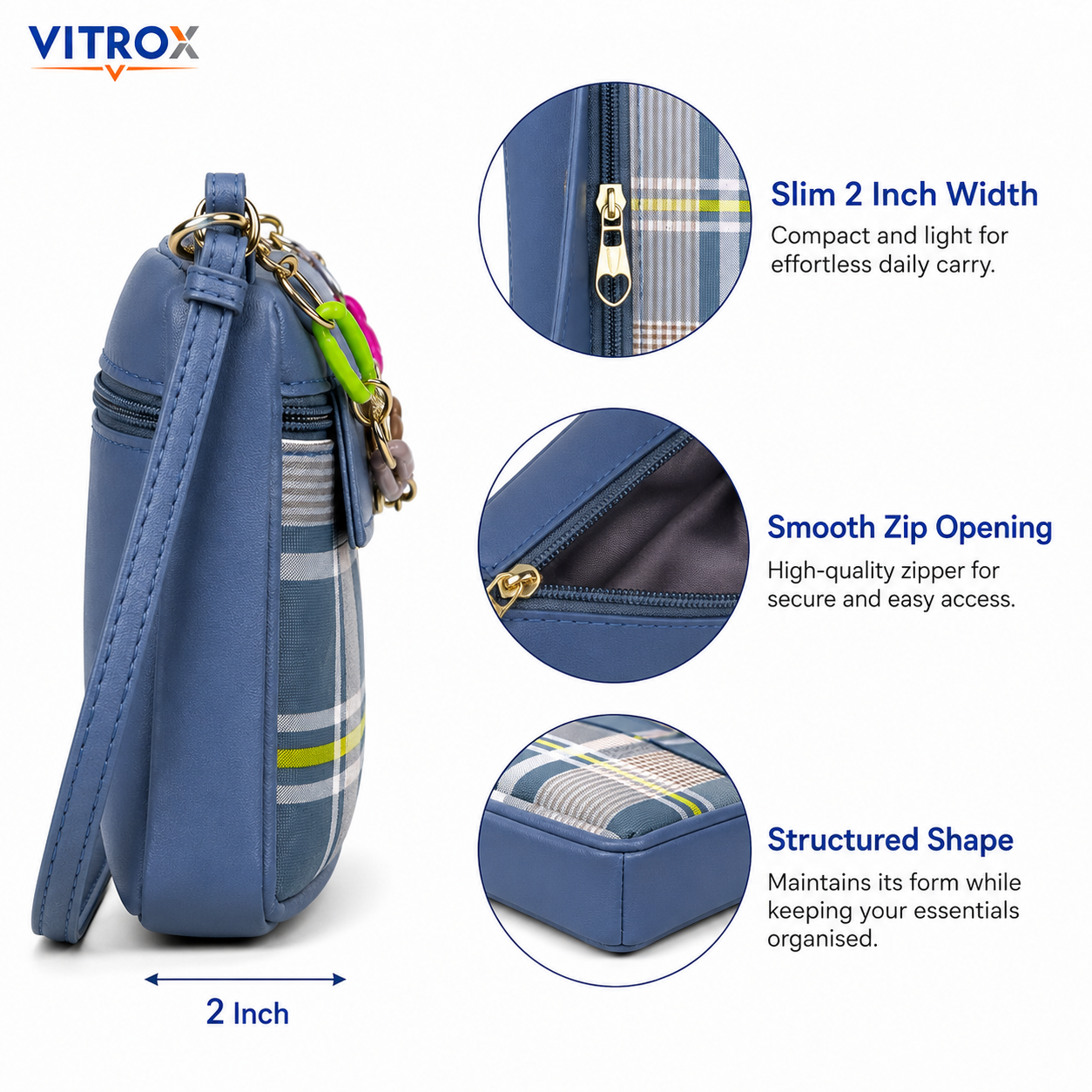 Vitrox Blue Plaid Ladies Sling Bag | Compact Shoulder Bag with Gold Bow & Chain Detail