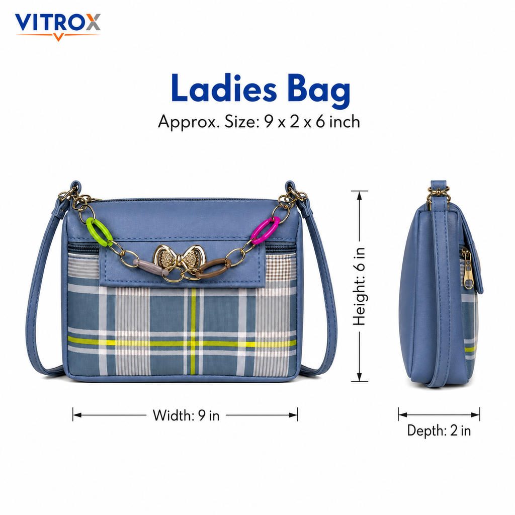 Vitrox Blue Plaid Ladies Sling Bag | Compact Shoulder Bag with Gold Bow & Chain Detail